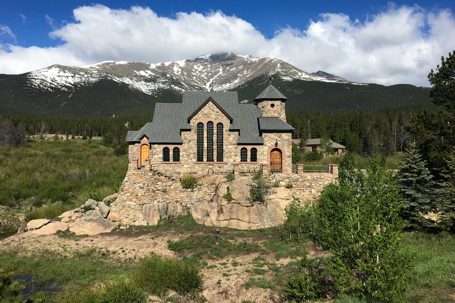 The Chapel on the Rock, formally named St. Catherine of Siena Chapel, is seen June 19, 2019, in Allenspark, Colorado, near Estes Park. The chapel is on the grounds of the Camp St. Malo Retreat Center, which was made famous during St. John Paul II’s epic World Youth Day visit to the Denver in 1993.